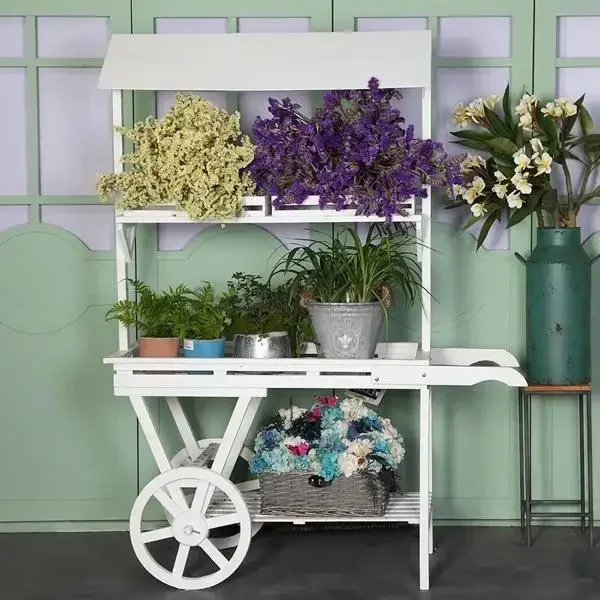 Pastoral Flower Rack Solid Wood Cart Storage Rack Balcony Storage