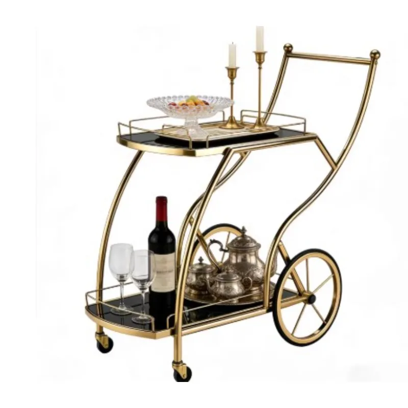 Black gold cake dining cart, wine cart, hotel restaurant food delivery cart, crystal column mobile cart, three-layer tea cart