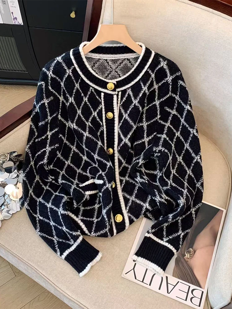 Women Plaid Black Gothic Cardigan Sweater Harajuku Vintage Aesthetic Y2k Long Sleeves Cashmere Sweaters Jumper Emo 2000s Clothes