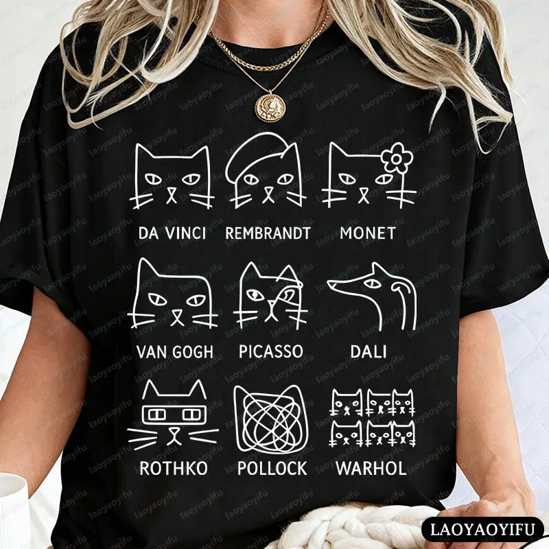 Artistic Cats T-Shirt Famous Painters Inspired Graphic Tshirts Art Teacher Gift Vintage Minimalist Style Cotton Tees Unisex Tops