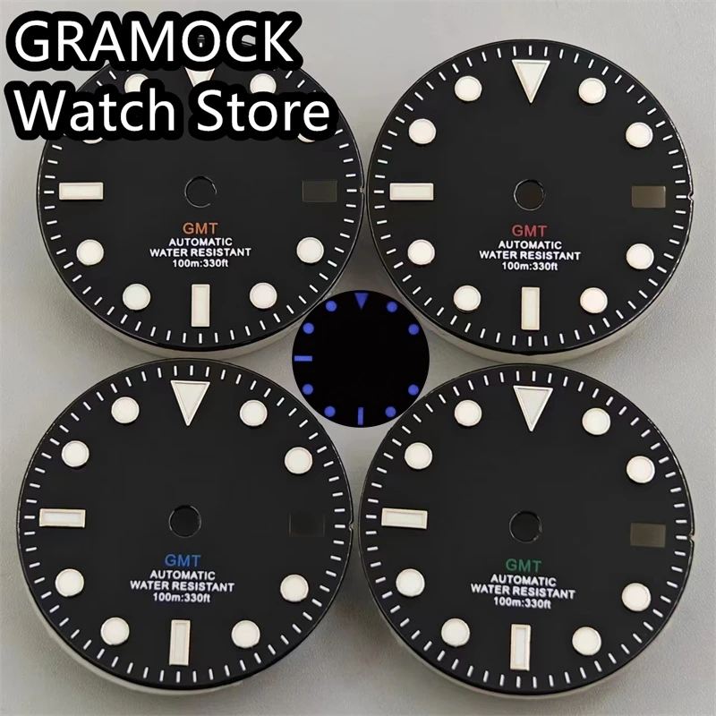 GRAMOCK 29mm Glossy Watch Dial Blue/Green Luminous With Green Red Blue Orange GMT Text Fit NH34 Movement