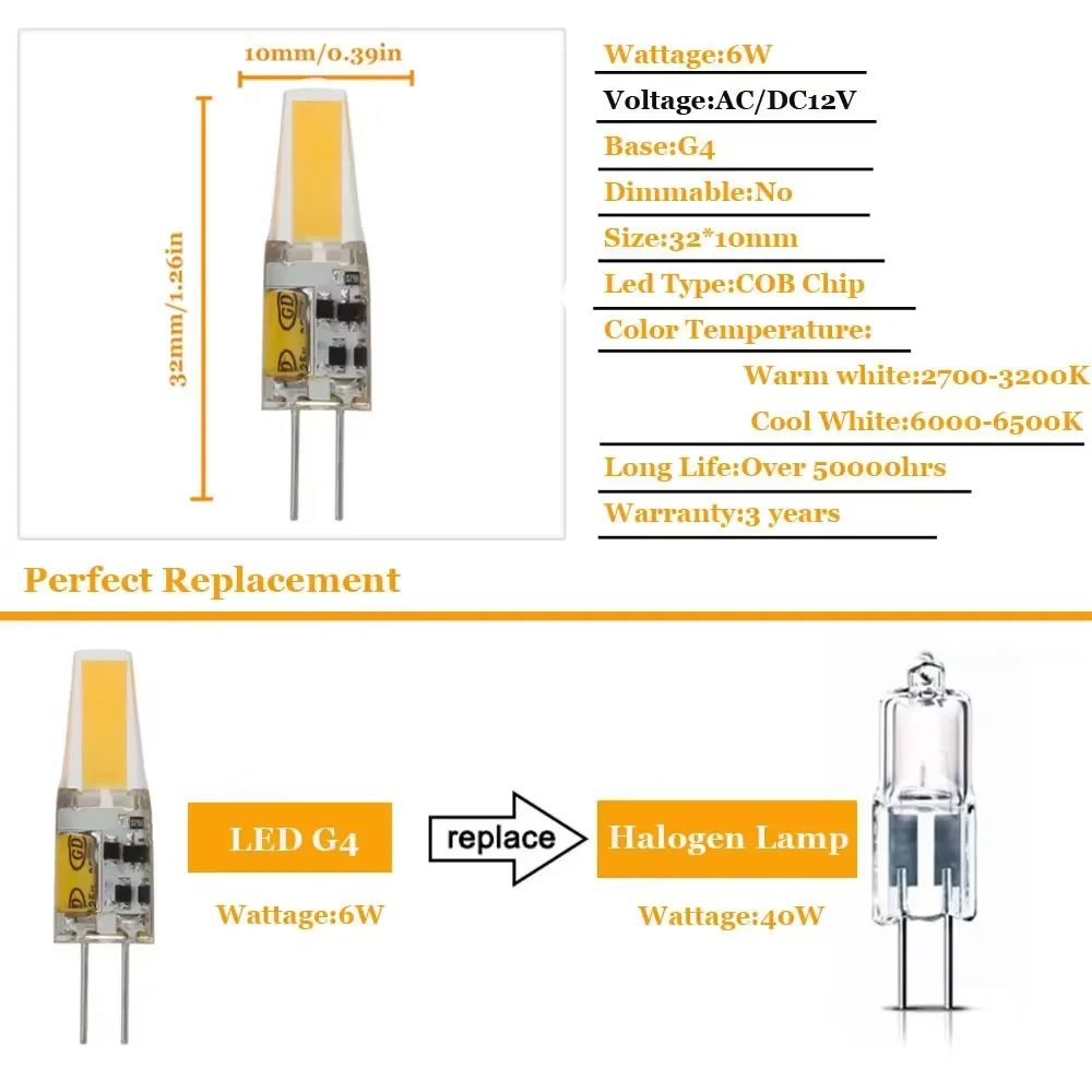 10/6 Pcs LED G4 G9 Lamp Bulb AC DC Dimmable 12V 220V 6W COB LED Lighting Replace Halogen Spotlight Warm white/White LED Light