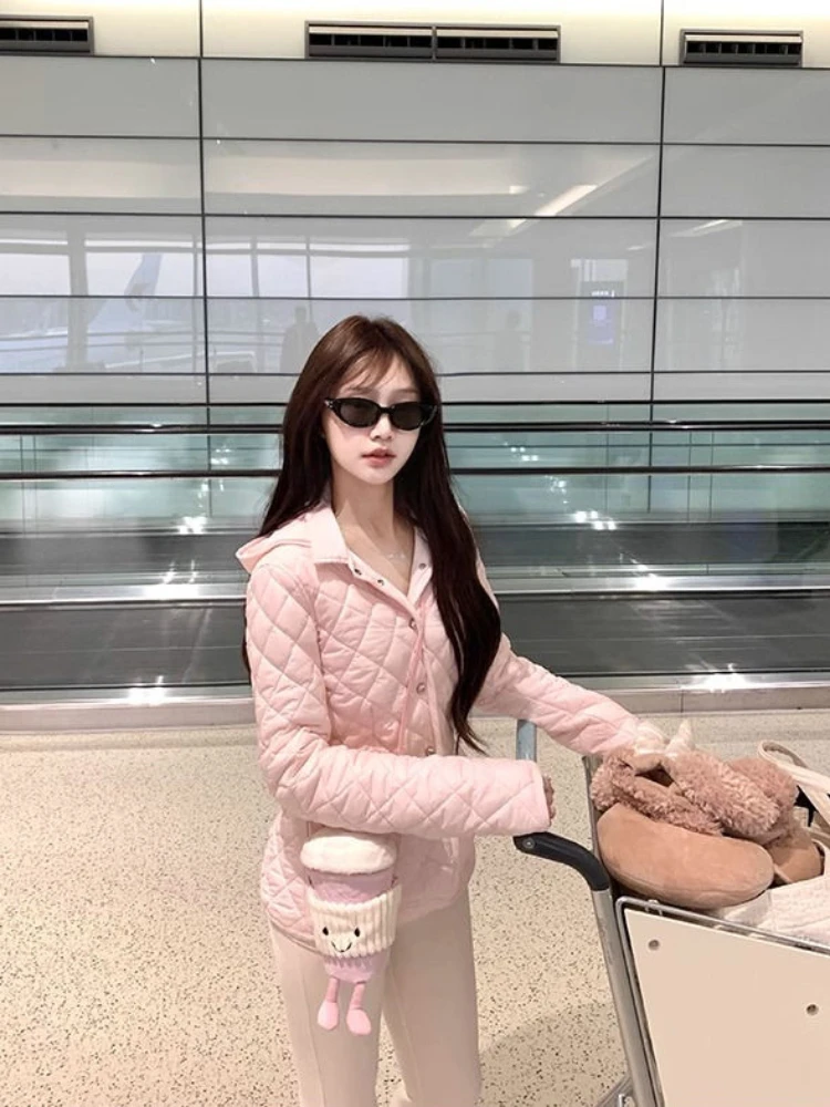 Autumn and winter sweet and cute style spicy girl short style slim fit diamond grid cotton jacket casual commuting women's top