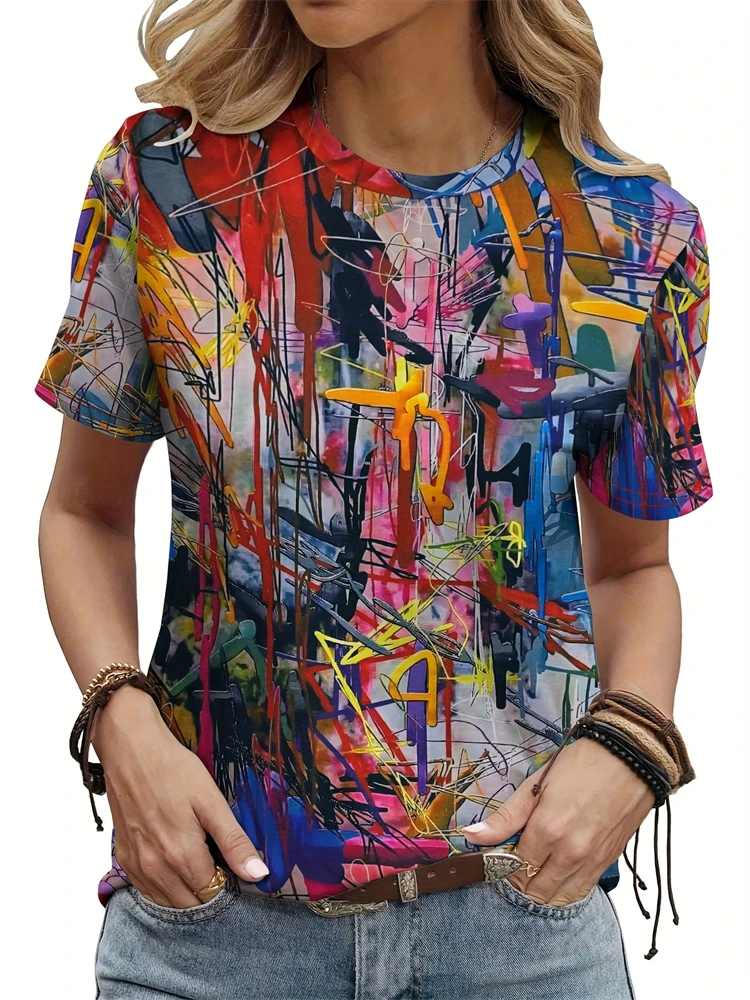 

Футболка с цветным принтом в стиле граффити, женская футболка с коротким рукавом и круглым вырезом, летние топы с круглым вырезом, большие размеры, женская одежда