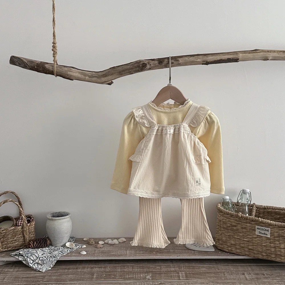 2026 Spring Autumn Ruffled Stand Collar Hollow Undershirt Flutter Long Sleeve Cover Up Baby Girl Ruffled Leggings