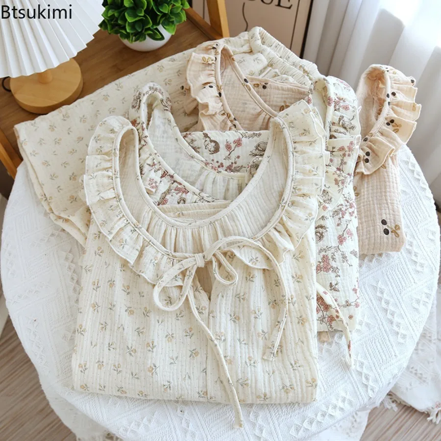 New 2025 Summer Women's Pajama Set Crepe Cotton Yarn Ruffle Edge Floral Print Suspender Shorts Set for Women Ladies Home Clothes