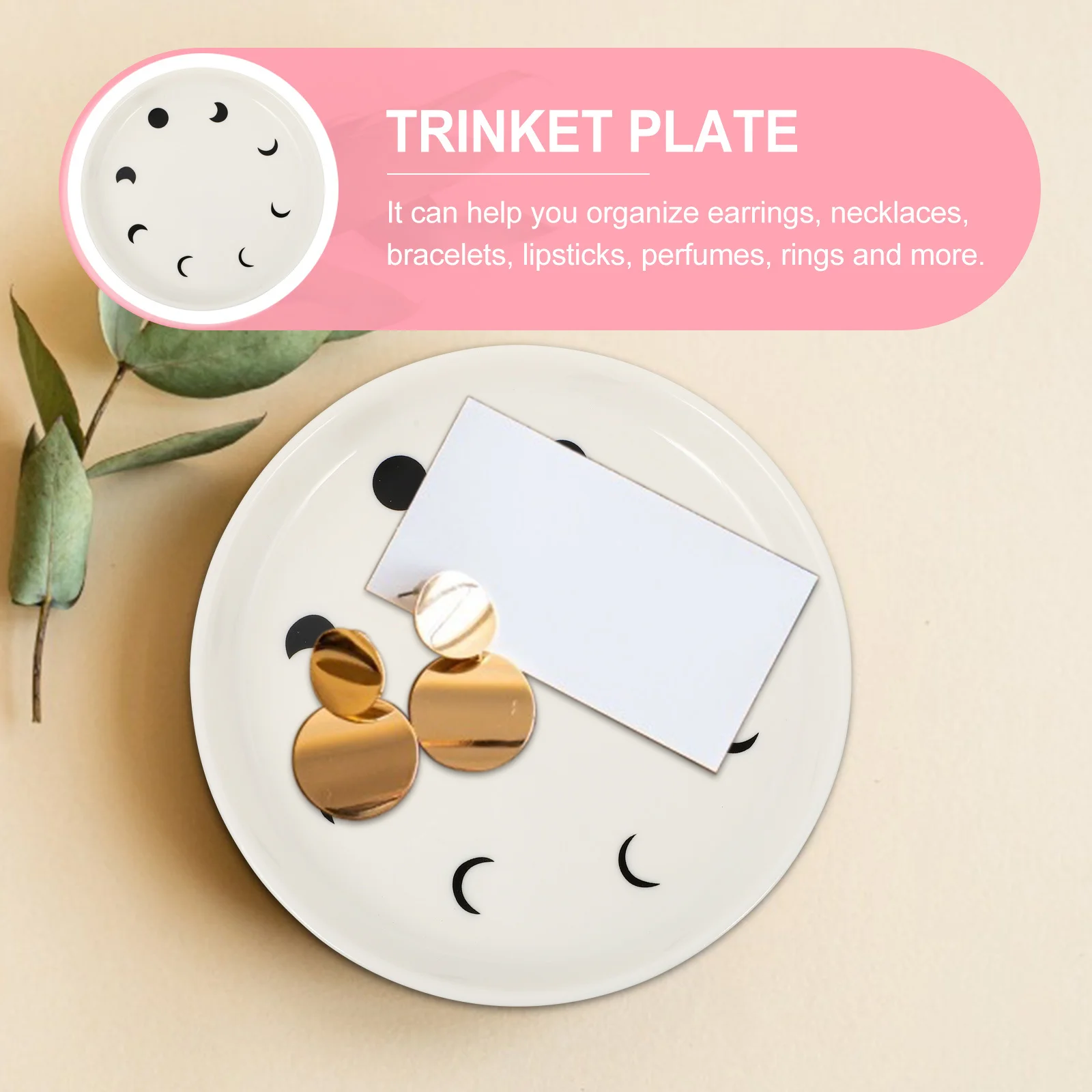 Practical Moon Pattern Ceramic Tray Jewelry Storage Organizer for Rings Earrings Keys Decorative Trinket Plate White