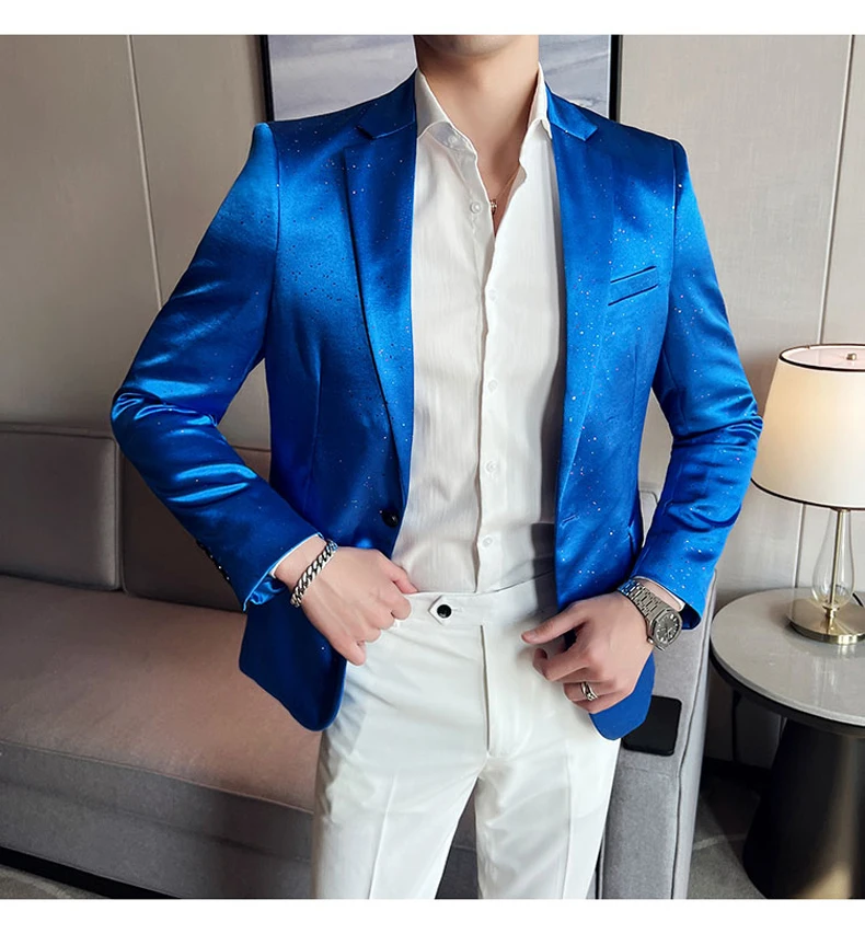 

High Quality Elegant Royal Blue Satin Dress Blazers Mens Silk Shiny Jackets Mans Social Party Wear Gentleman Smocking Suit White