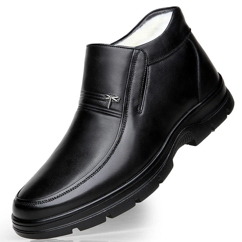 First Layer Cowhide Wool Warm Men's Cotton Shoes Black Winter Flat Heel Genuine Leather Round Toe Casual Thickened Men's Shoes