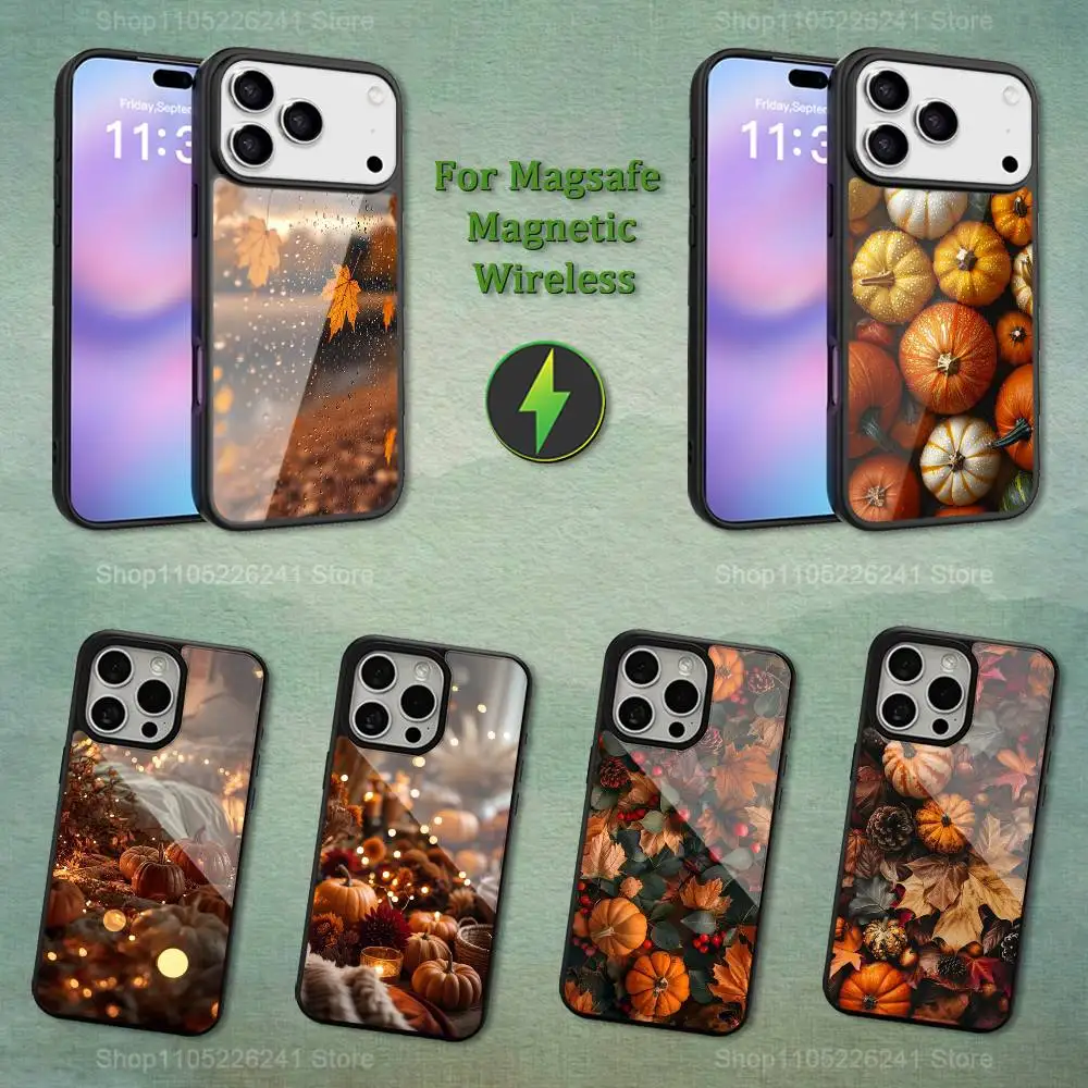 

Leaves autumn Pumpkin Phone For iPhone 17,12,11,16,15,13,14,Pro,Max,Plus,Mini, For Magsafe,Magnetic Wireless Charging Case