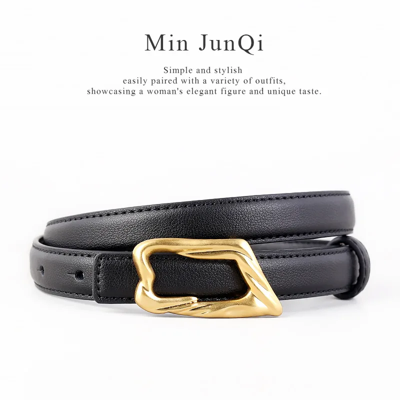 Metal Gold Irregular Buckle Cowskin Slim Waistbands for Women Brown Coffee Design Plain Real Cow Leather Cinturones Para Mujer