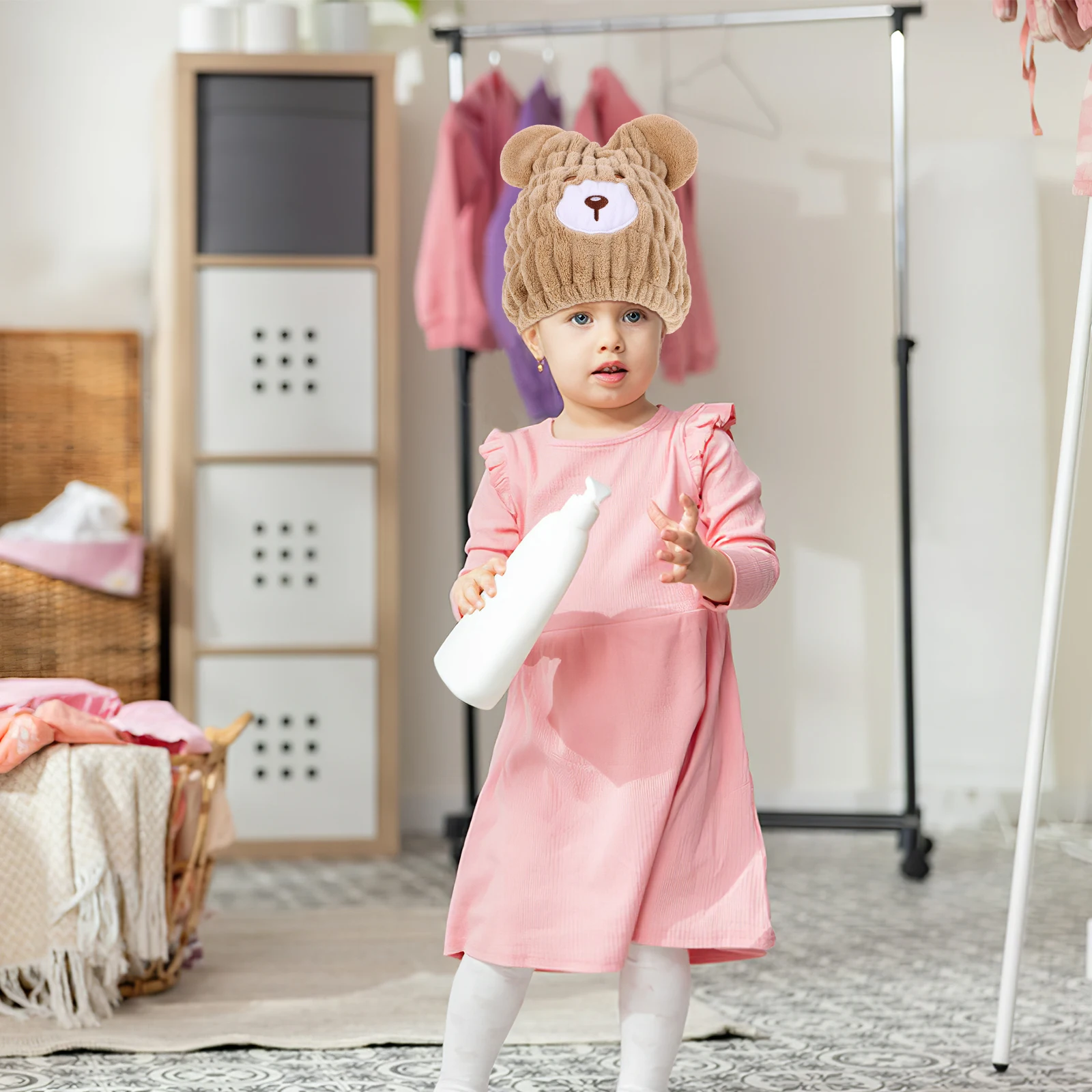 

Children Dry Hair Cap Quick Towel Wrap Coral Fleece Drying Kids Absorbent Hair Towel Girls Boys Cartoon Bear Design Soft