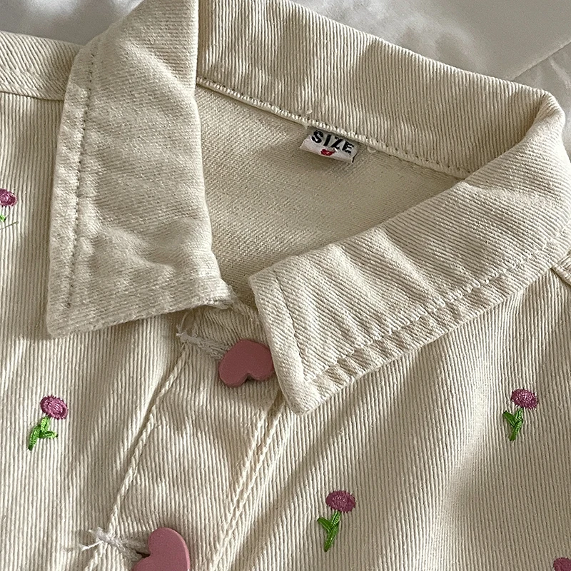 Women Beige Short Denim Jacket - đánh giá và giá Embroidery Cardigan