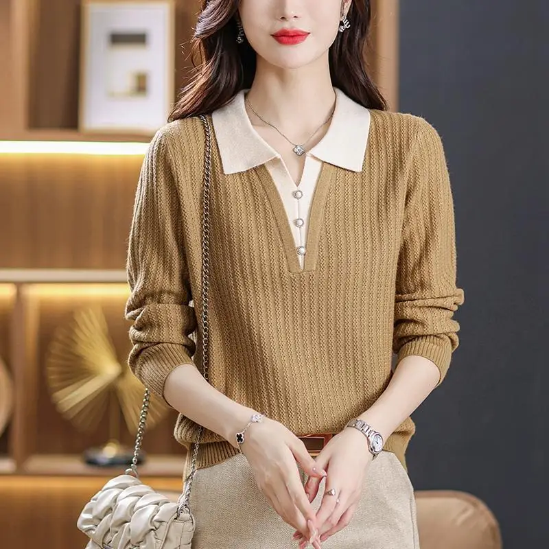 Autumn Winter Fashion Polo-Neck Knitted Pullovers Women\'s Clothing Elegant Simplicity Solid Fake Two Pieces Sweaters for Female