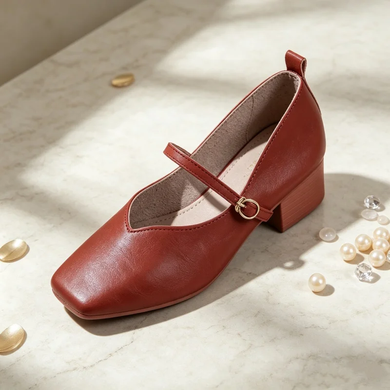 Office Daily Wear Ladies Square Toe Pumps Soft Genuine Leather Buckle Decor Shallow Cut Footwear 2026 Spring Autumn New Arrival