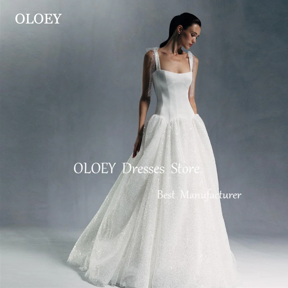 OLOEY 2025 Glittery Ivory A Line Wedding Dresses Sleeveless Floor Length Bridal Gowns Square Collar Customized Women Gown