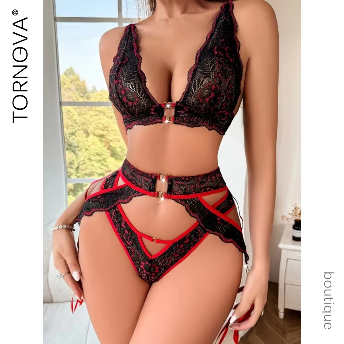 

Tornova Sexy Lace Hollow Out Underwear Set for Women Sexy Girdle Sexy Lingerie Set Exotic High-end Plunge V-neck Underwear Set