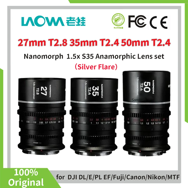 Venus Optics Laowa Nanomorph 27mm T2.8 35mm 50mm T2.4 1.5x S35 Anamorphic Lens for ARRI PL Canon EF Z E X RF L m43（Silver Flare）