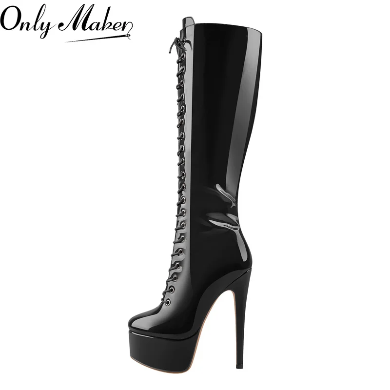 

Onlymaker Women Platform Knee High Boots Zip Round Toe Stiletto High Heel Lace Up Fashion Sexy Patent Leather Winter Boots