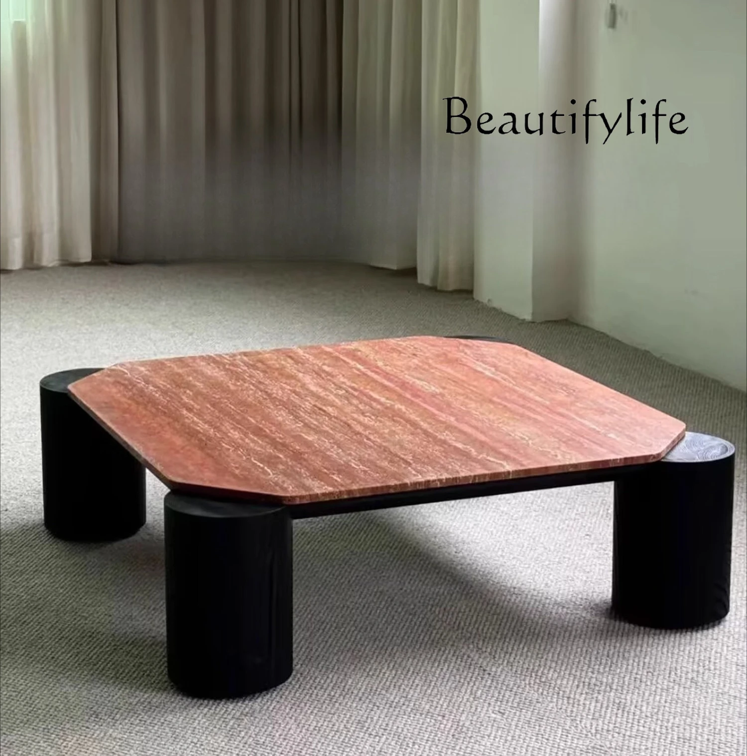 

Medieval solid wood red travertine designer household coffee table living room light luxury low table coffee table