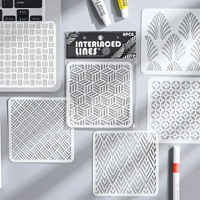6Pcs PET Retro Geometric Pattern Hollow Stencils Scrapbook Journal Card Decor DIY Coloring Mold Stencil Templates for Painting