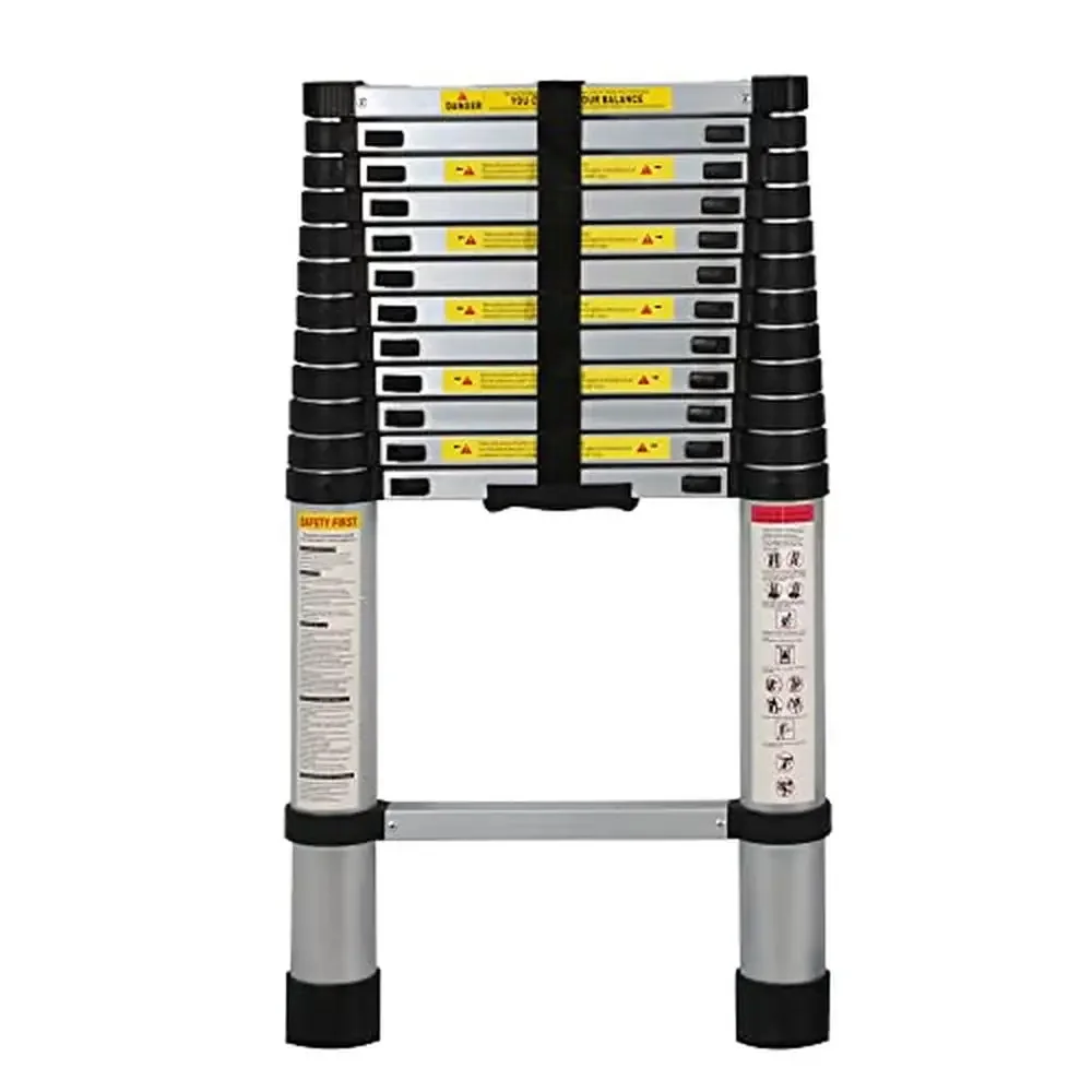 12.5 FT Aluminum Lightweight Extension Folding Telescopic Ladder Portable Multi-Purpose Compact Slow Retract Easy Storage Stable