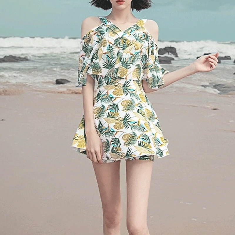 2023 Korean Summer Conservative Contrasting Colors Elegant Hawaiian Swimwear Women's Off Shoulder Beach Bath Clothing