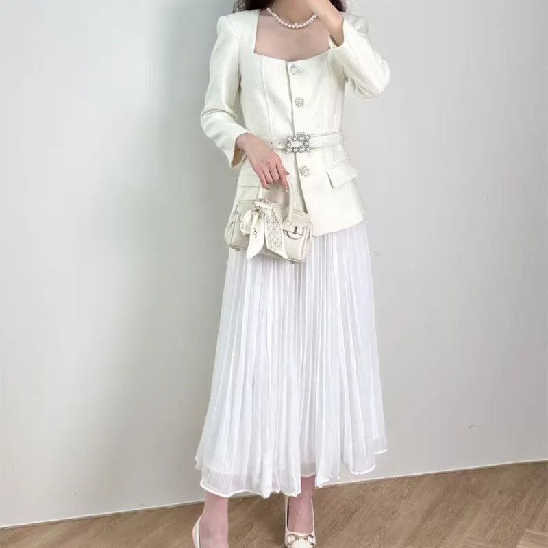 Women's Tweed Square Neckline Diamond Button-Front Waist-Defining Dress Patchwork Pleated Long Skirt Elegant Evening Gown 2026