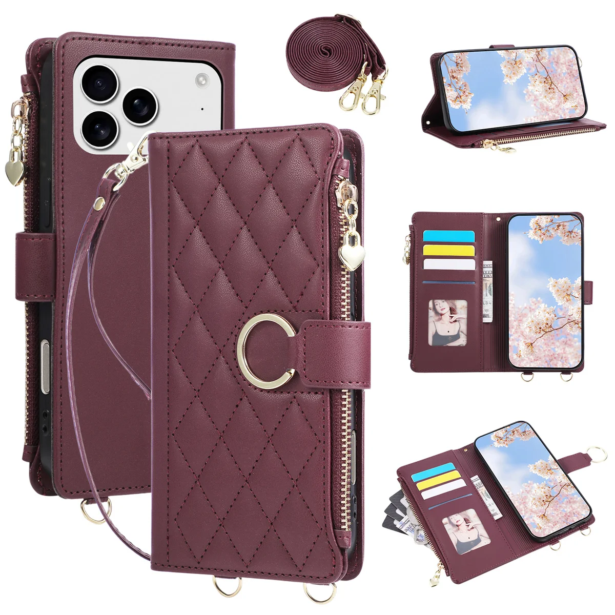 Crossbody Leather Wallet Card Slots Phone Case for IPhone 17E 16E Air 17 16 15 Plus 14 13 12 11 Pro Max Bracket Protect Cover