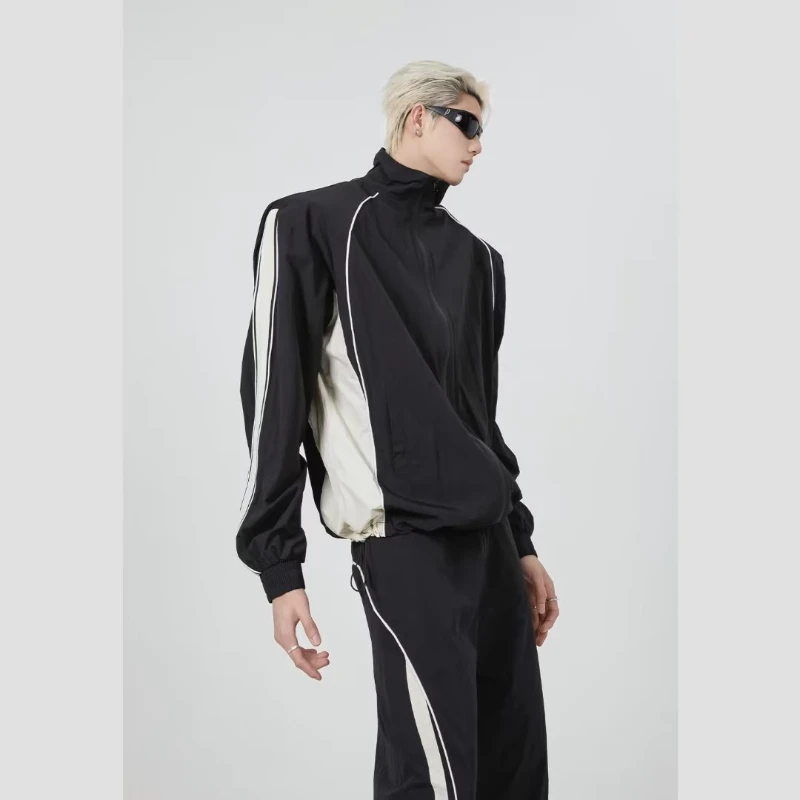 Fashion Casual Mens Set American Stand Collar Color Block Jacket+drawstring Sports Pants 2-pcs Loose Couple Outdoor Charge Suits