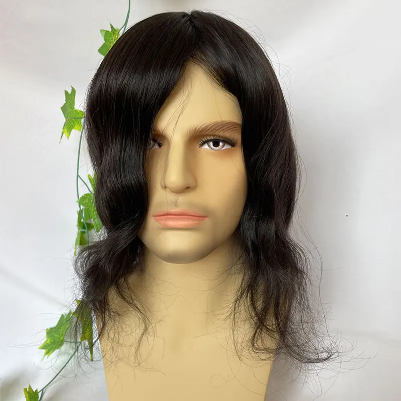 Long Wig for Men Natural Hairline Wig Full Skin PU Male Hair Toupee 100% Human Hair Piece 10x8 1B Color 12-14inch For Women Hair