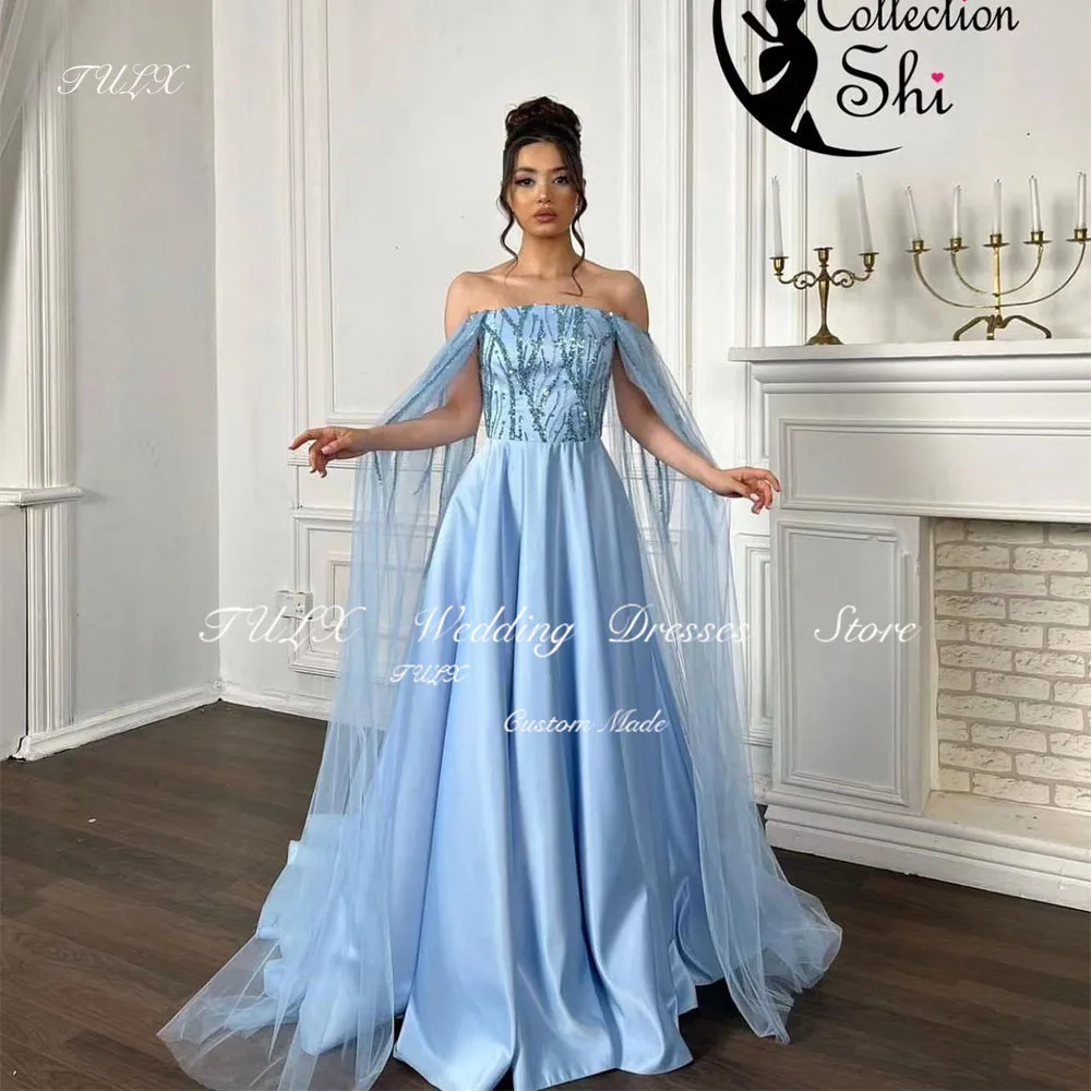 

TULX Elegant Sky Blue Prom Dresses Luxurious Sparkly Sequined Shawl Evening Dresses Formal Wedding Party Dress Vestidos De Noche