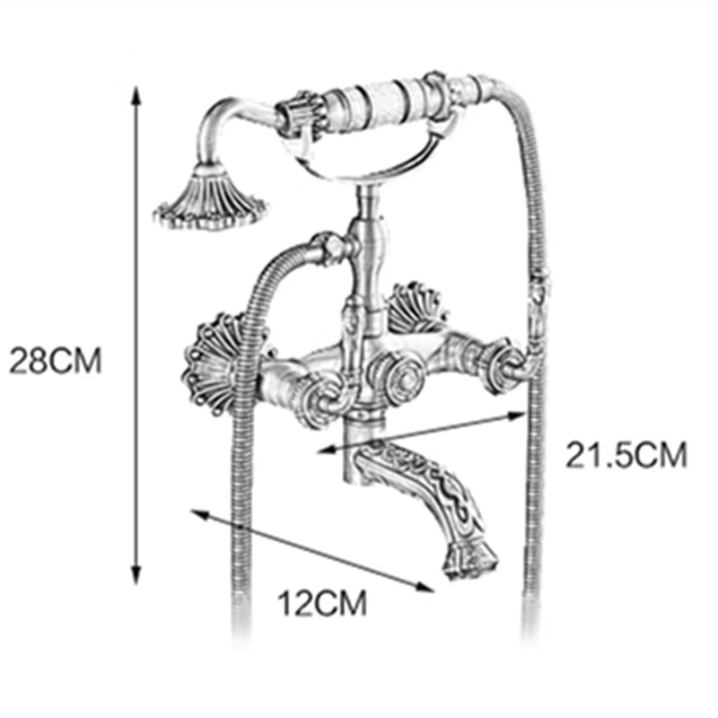 Imagem -05 - Antique Brass Bathtub Shower Faucets Grupo Bico de Banheira Giratória Controle Duplo Torneira Misturadora Esculpida Montado na Parede
