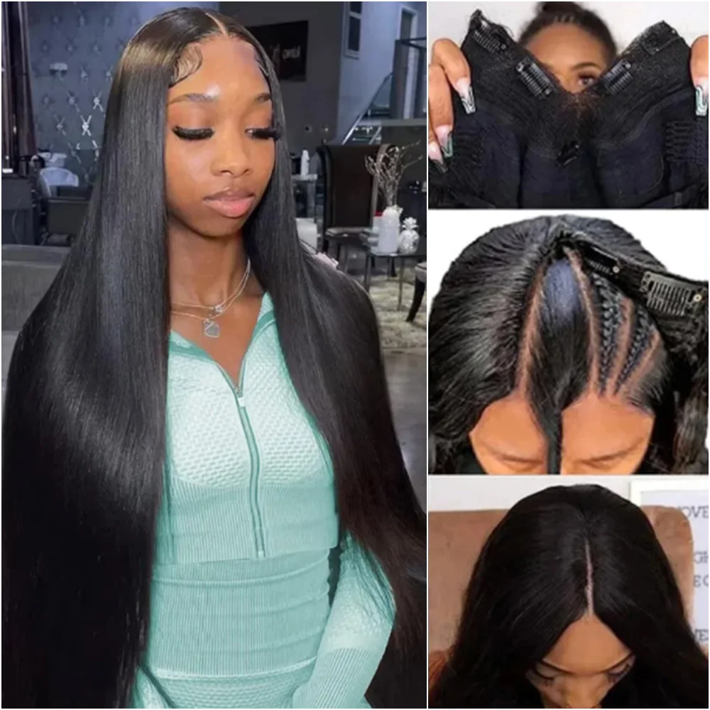 V Part Wig Bone Straight Human Hair Wigs No Leave Out No Sew-In Glueless 220% Density Natural Black Beginner Friendly 16-32 Inches