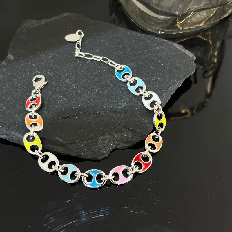 Women 925 Silver‑Plated Pig Nose Rainbow Bracelet Luxury Dainty Trendy Hand Chain Chic Versatile Female Wrist Jewelry Gift