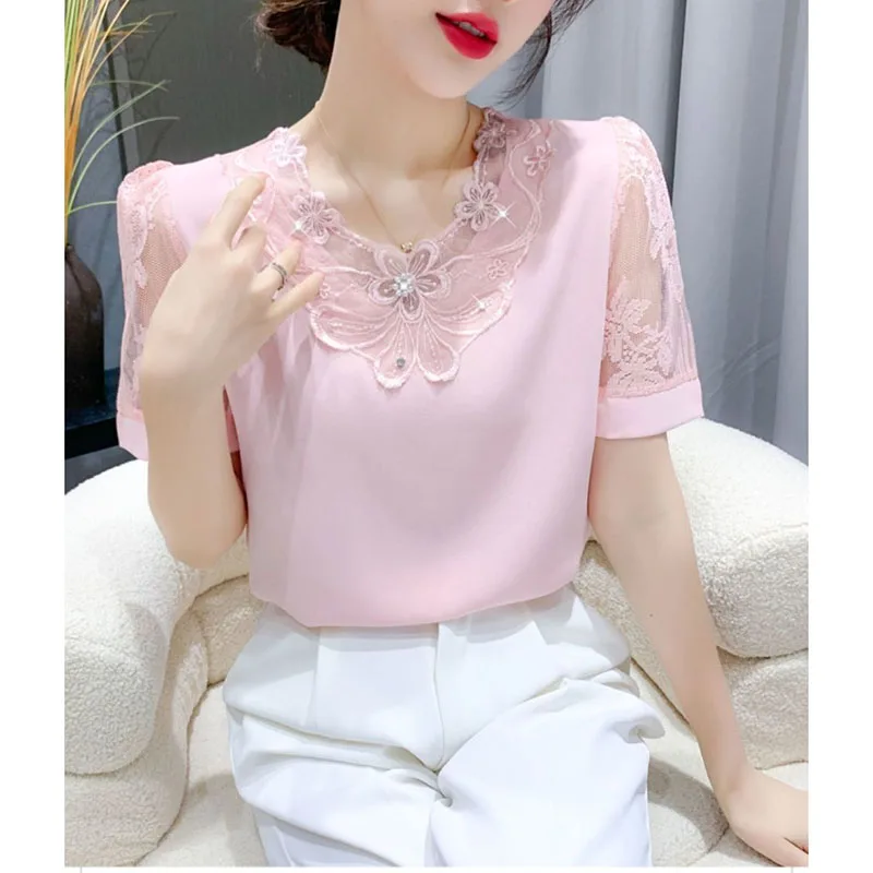 Spring And Summer New Chiffon Shirt Ladies Short Sleeve Fashion Blouse Loose Joker T-shirt Ladies Slim Solid Color Simple Top