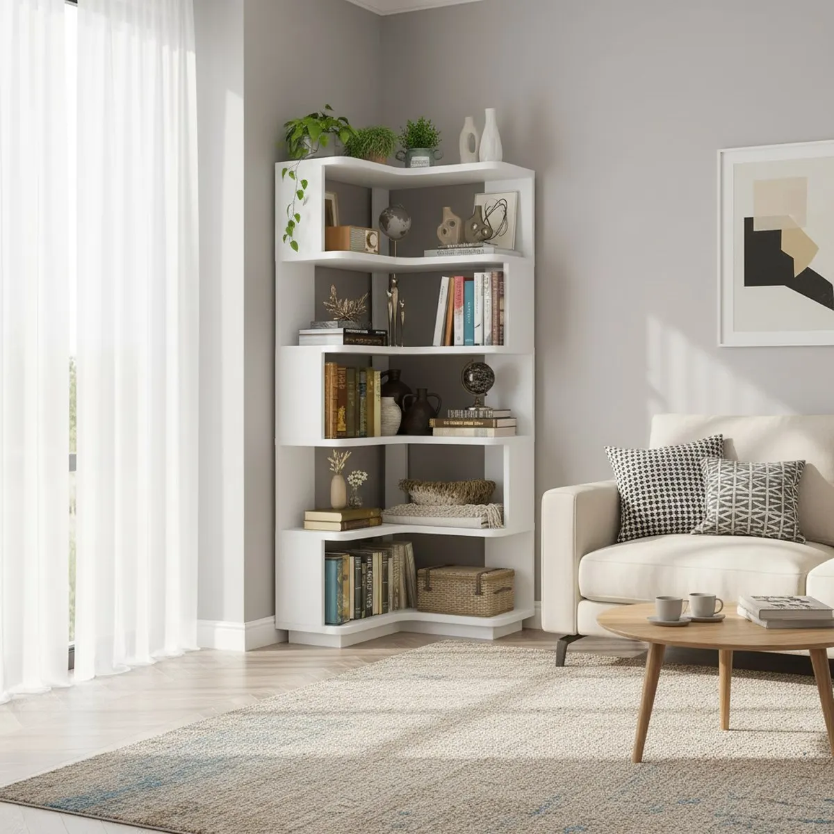 White 6 Tier Corner Bookshelf L Shape Display Stand for Home Office Living Room Kitchen