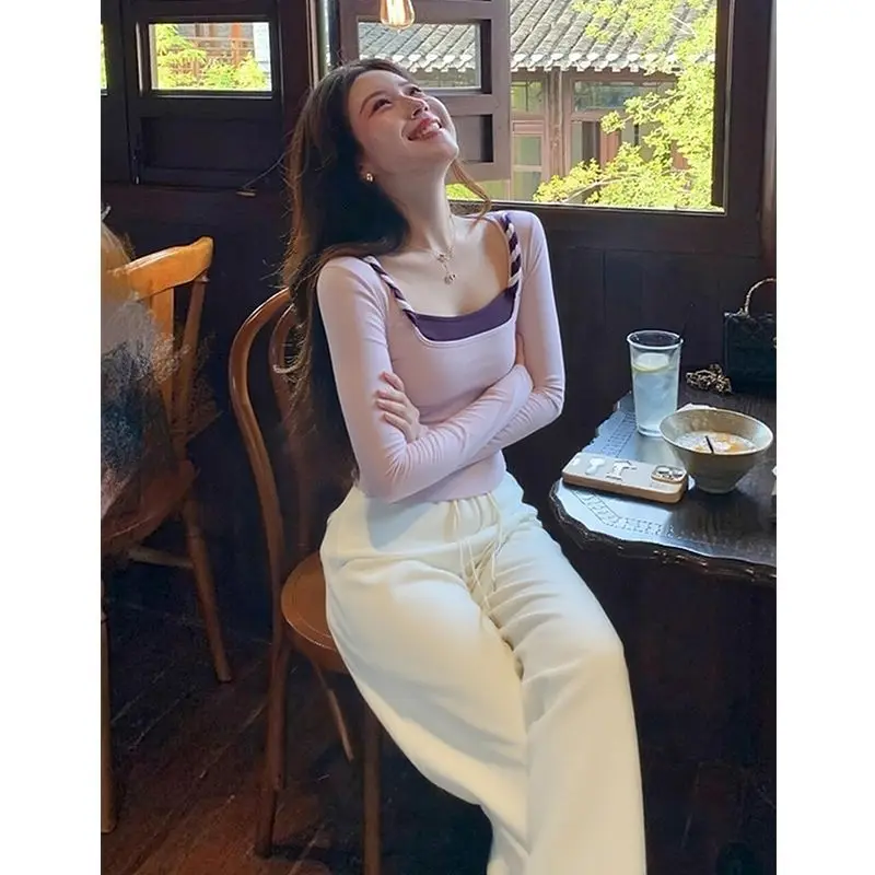 Autumn Winter French Style Long-sleeved Bottoming Shirt for Women with Fake Two-piece Patchwork Square Collar Top