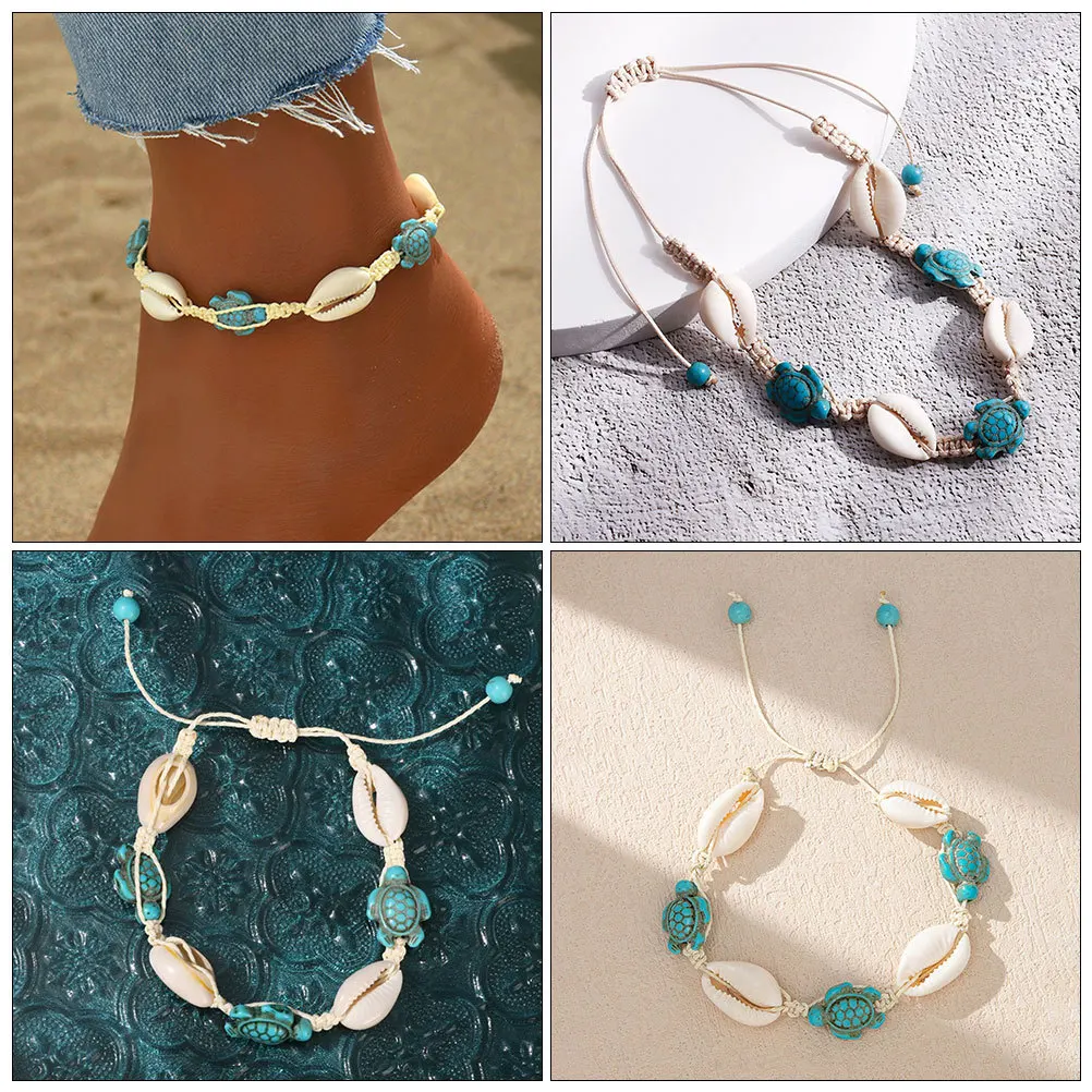 

2Pcs Shell Turtle Anklet Bracelet Natural Handmade Adjustable Bohemian Beach Jewelry Summer Seashell Charm Bracelets for Women