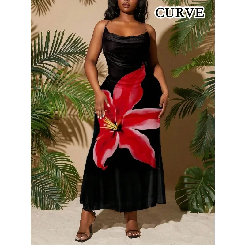 

Plus Size 1XL-5XL New Autumn Women's Clothing New Sexy Suspender Flower Print Slim-fitting Long Dress