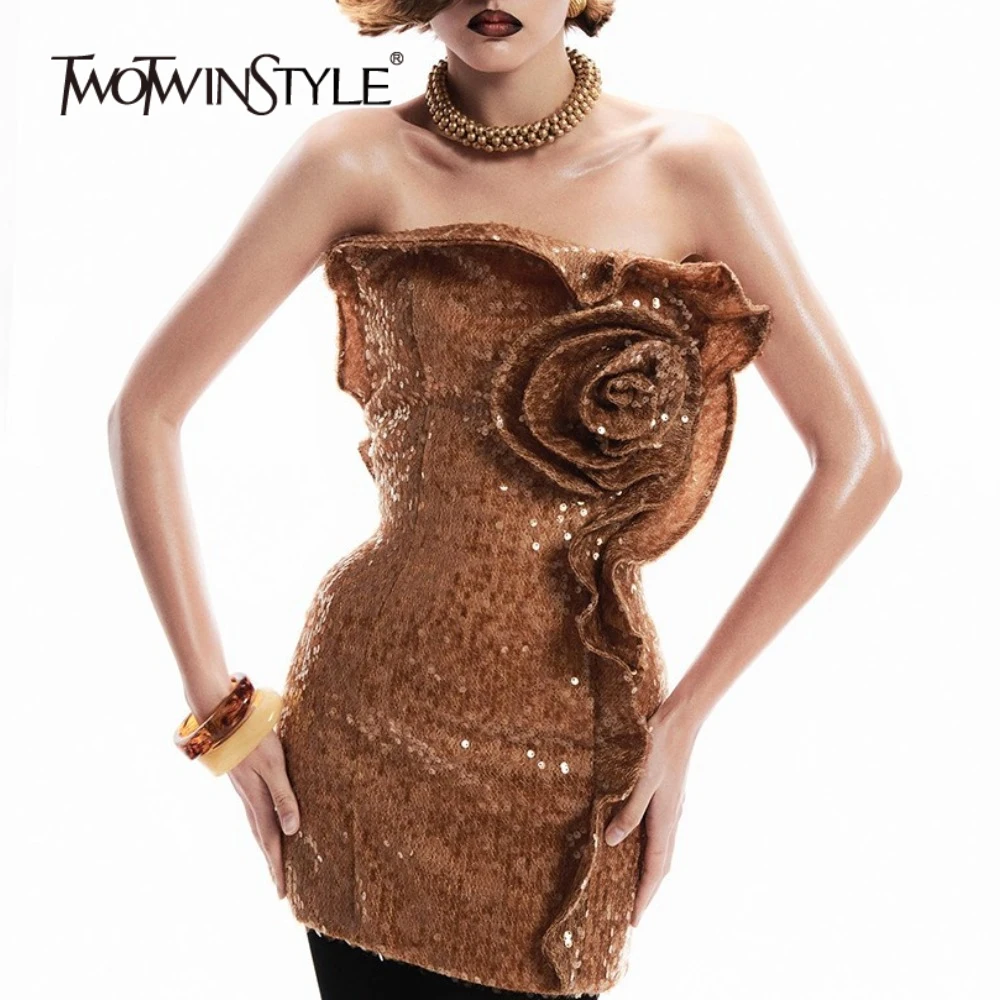 

TWOTWINSTYLE Solid Slimming Spliced Sequins Dresses for Women Strapless Sleeveless Patchwork 3D Flower Temperament Dress Femlae