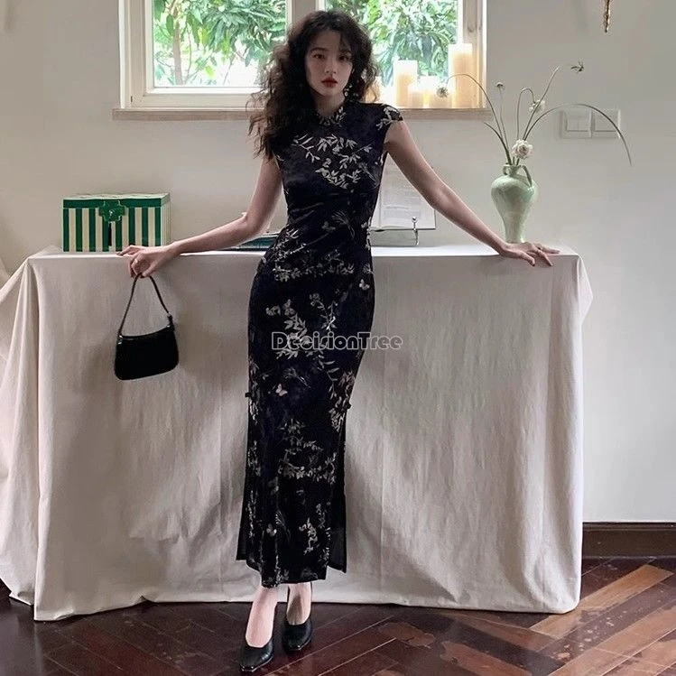 

2024 improved cheongsam new chinese style improved cheongsam women's black buttocks wrapped print long skirt