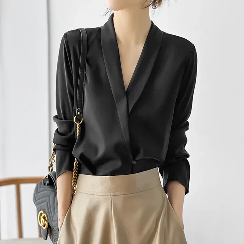 V-neck Elegant Design 22mm Silk Pullover Shirt Long-sleeved Silk Blouse Women's Temperament Spring & Autumn New Silk Shirt Women