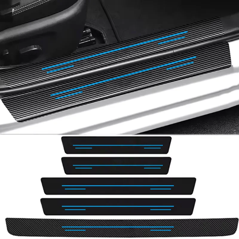 Three-Line Blue Car Door Sill Strip Anti-Scratch Sticker, Welcome Pedal Cartoon Cute Carbon Fiber Pattern Interior Protection Scratch-Resistant Trunk Anti-Scratch Sticker