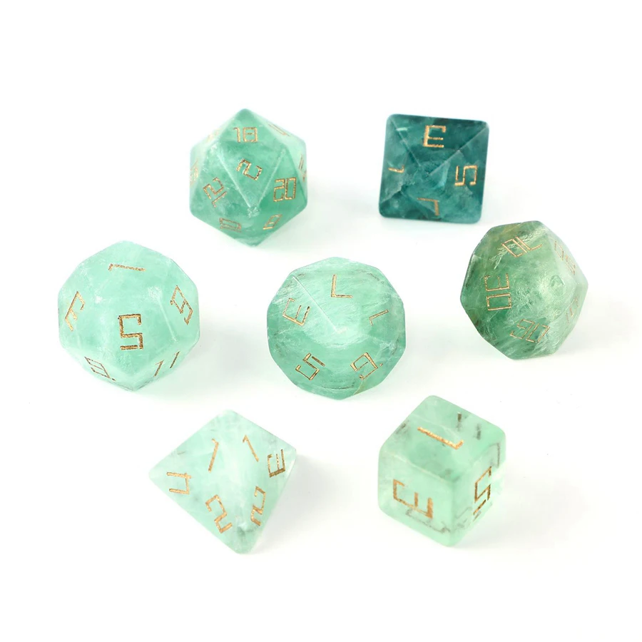 Spot Goods Natural Green Fluorite Polyhedral DND Stone Dice Ornaments Jewelry Accept Custom Font Symbol Pattern Logo