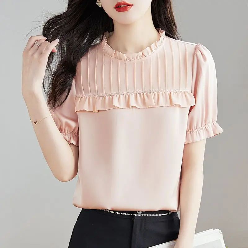 Elegant Solid Color Spliced Folds Ruffles Blouse Women\'s Clothing 2023 Summer New Casual Pullovers Puff Sleeve Office Lady Shirt