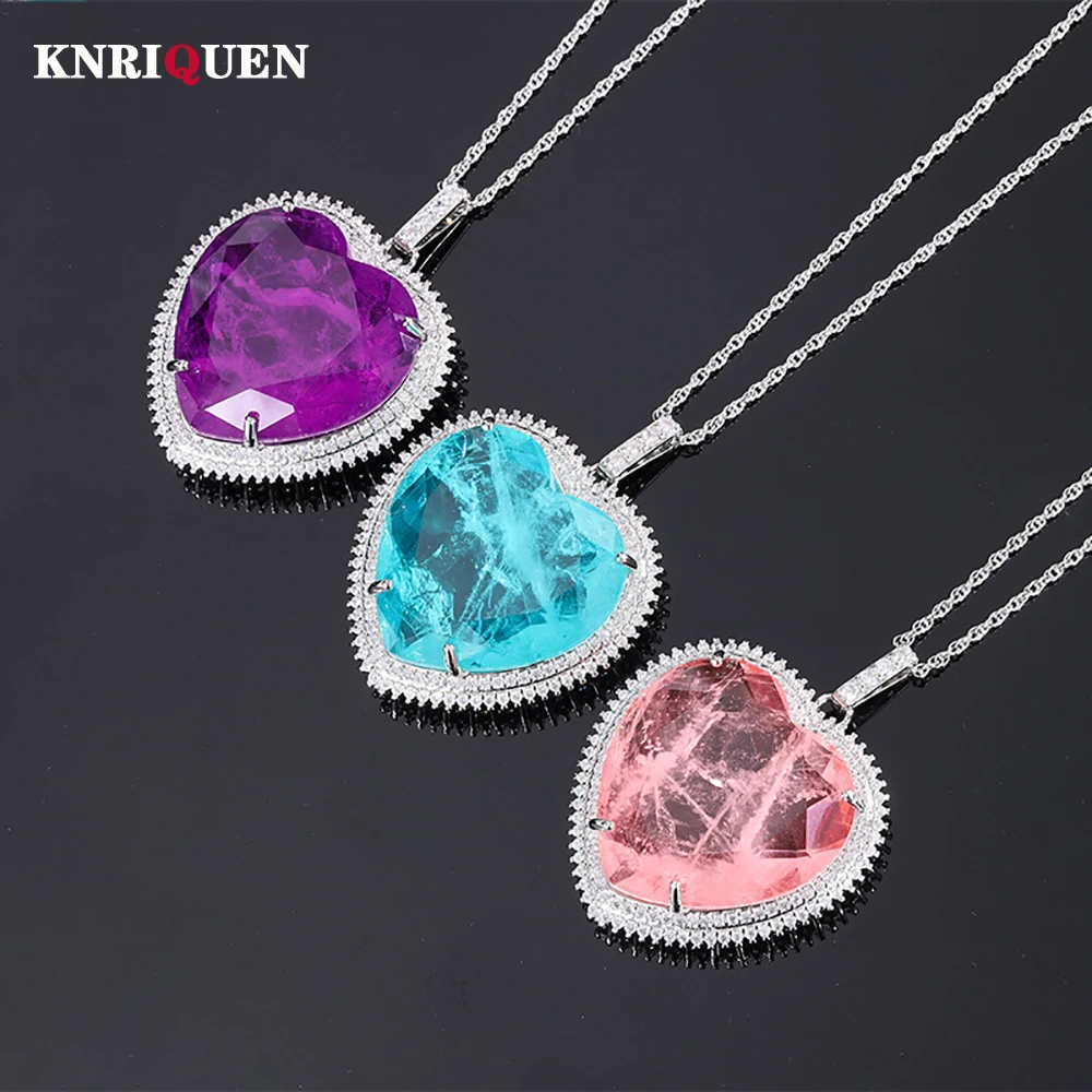 

Vintage 32*32mm Heart-Shaped Pink Quartz Amethyst Paraiba Tourmaline Pendant Necklace for Women Gemstone Party Fine Jewel Gift