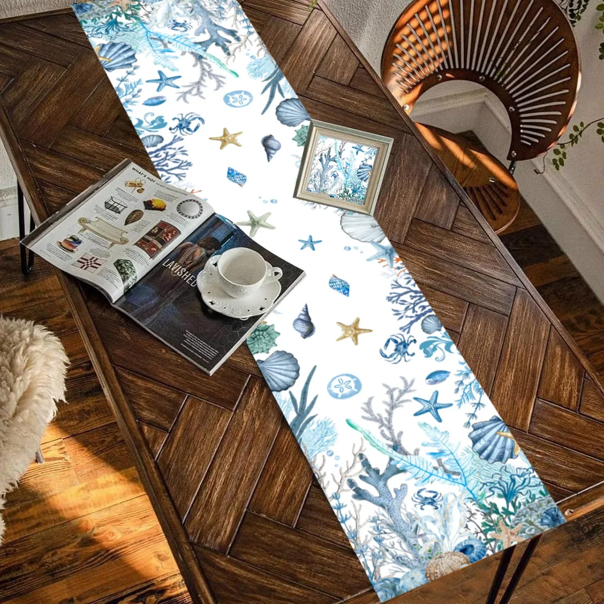 Ocean Blue Marine Life Print Table Runner, Reusable, Summer Kitchen & Dining Table Party Table Runner