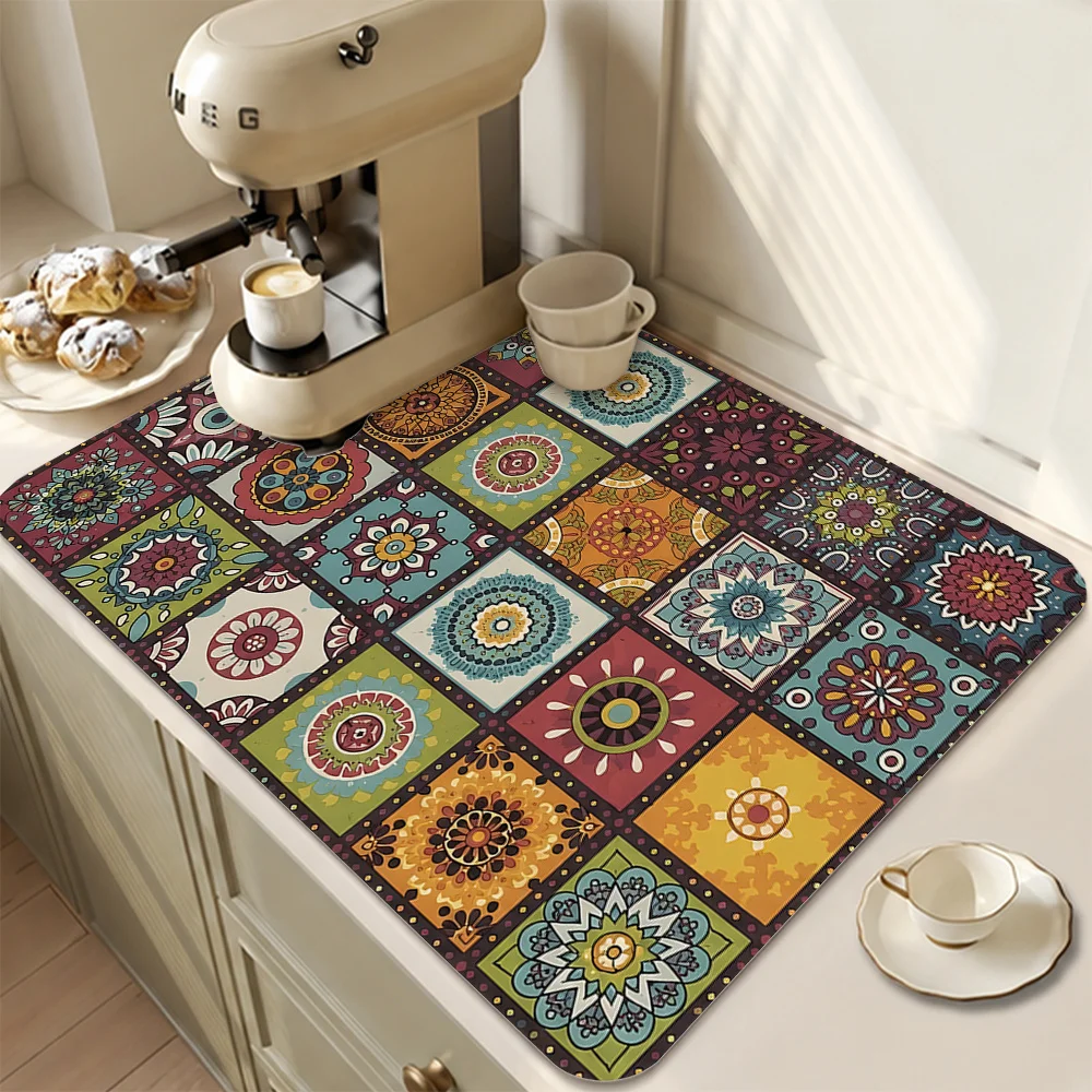 Boho Mandala Geometric Fast Drying Mat Super Absorbent Tableware Countertop Pad Heat Resistant Kitchen Placemat Pad