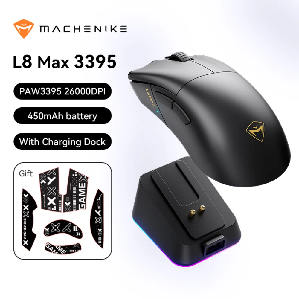 Machenike L8MAX Gaming Mouse PAW3395 3315 Wireless Mouse With Charging Dock 26000DPI 650IPS 6 Button 66g RGB For Laptop PC Mouse